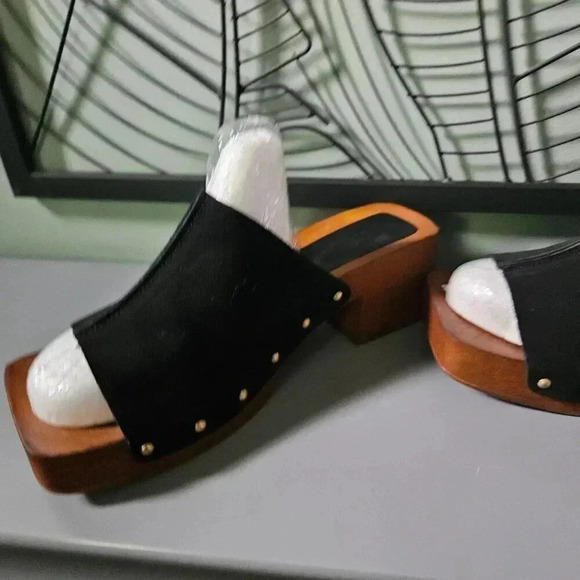 Asos Design | BLACK Suede Clogs Mules with Antique Gold  Tone Studs - Picture 4 of 11